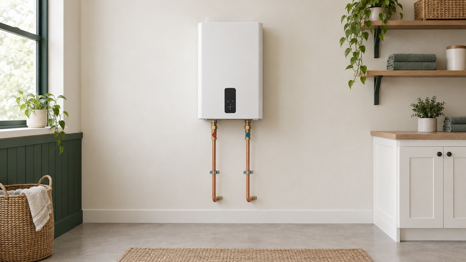 Illustration of a tankless water heater installation