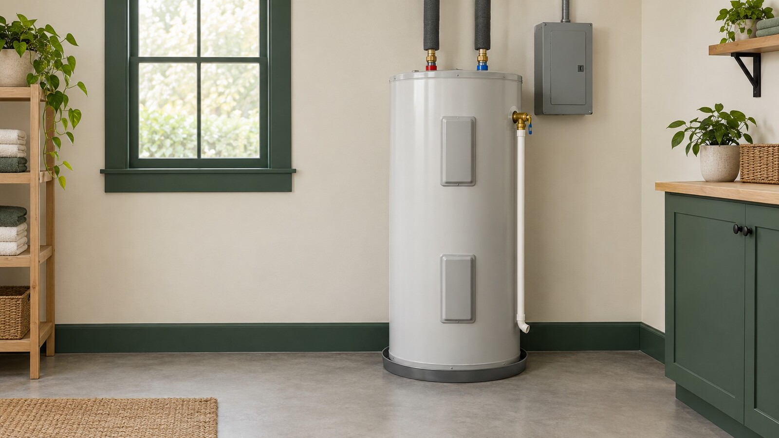Illustration of a storage-tank water heater in a utility space