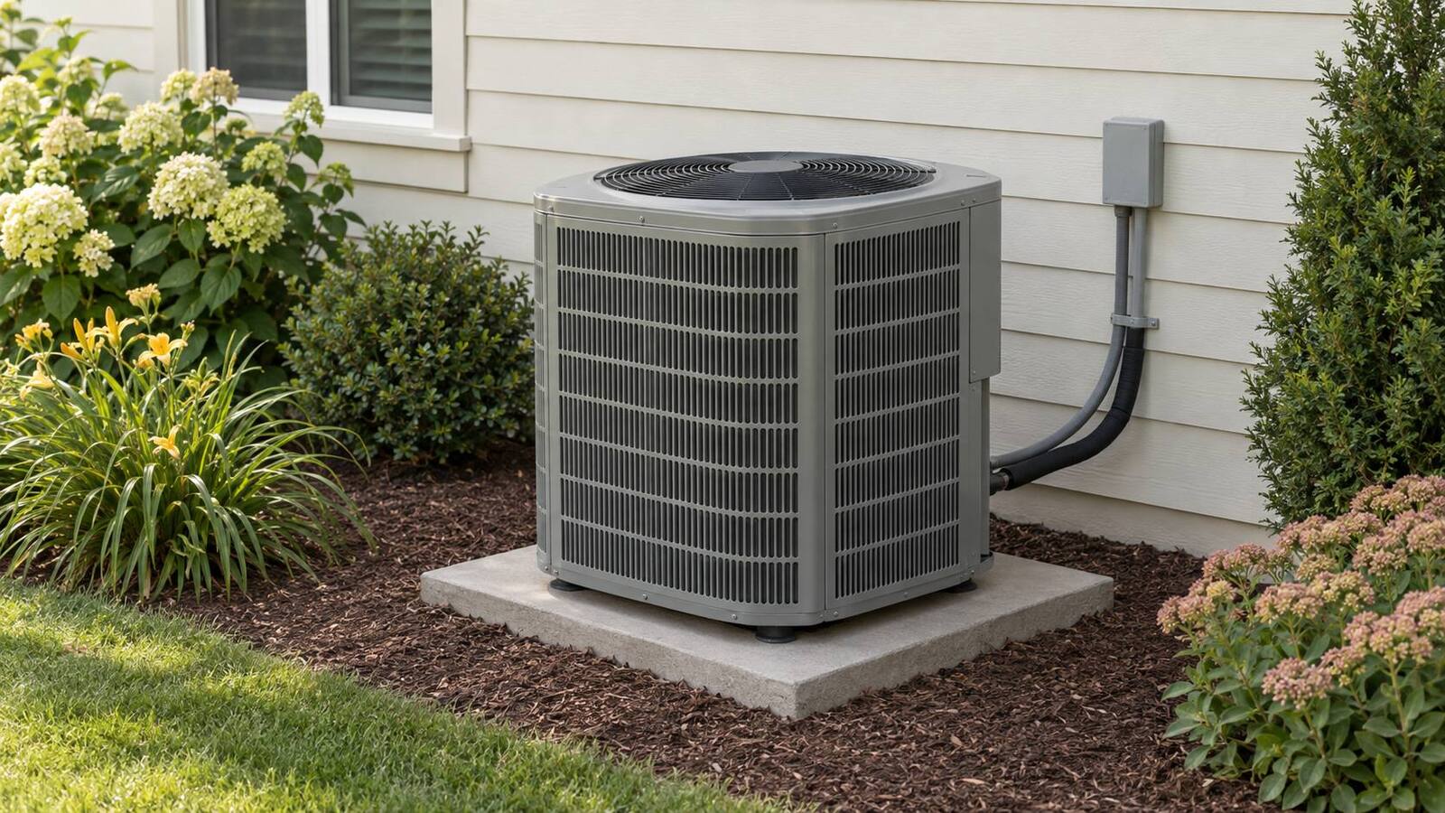 Illustration of an outdoor central air conditioner beside a home