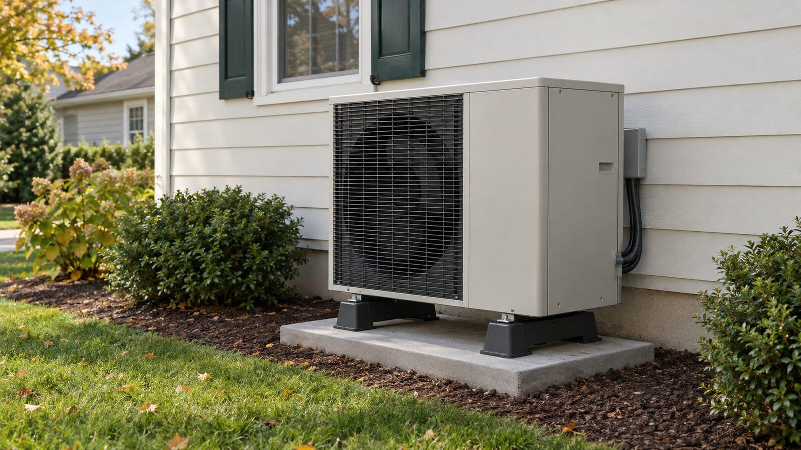 Illustration of an outdoor heat pump at a suburban home