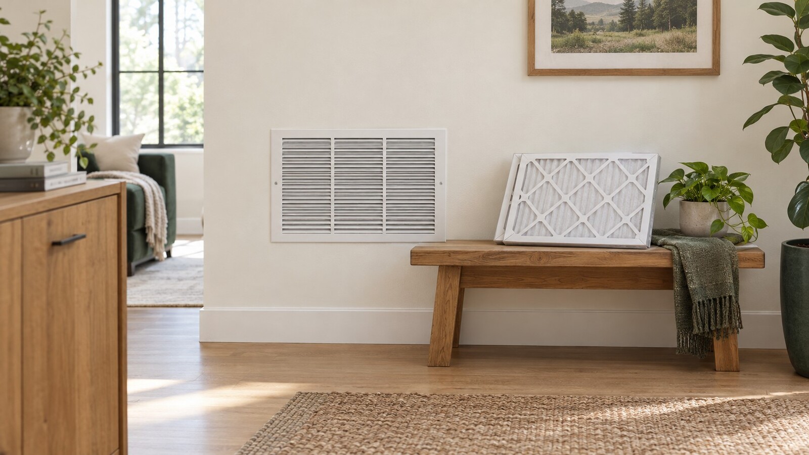 Illustration of a bright living room with ventilation details